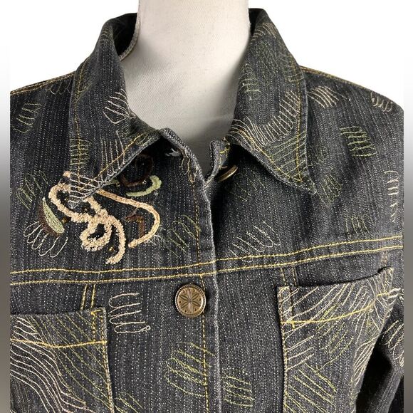 Alex Kim Embroidered Denim Jacket Large Washed Black Tan - Picture 4 of 11